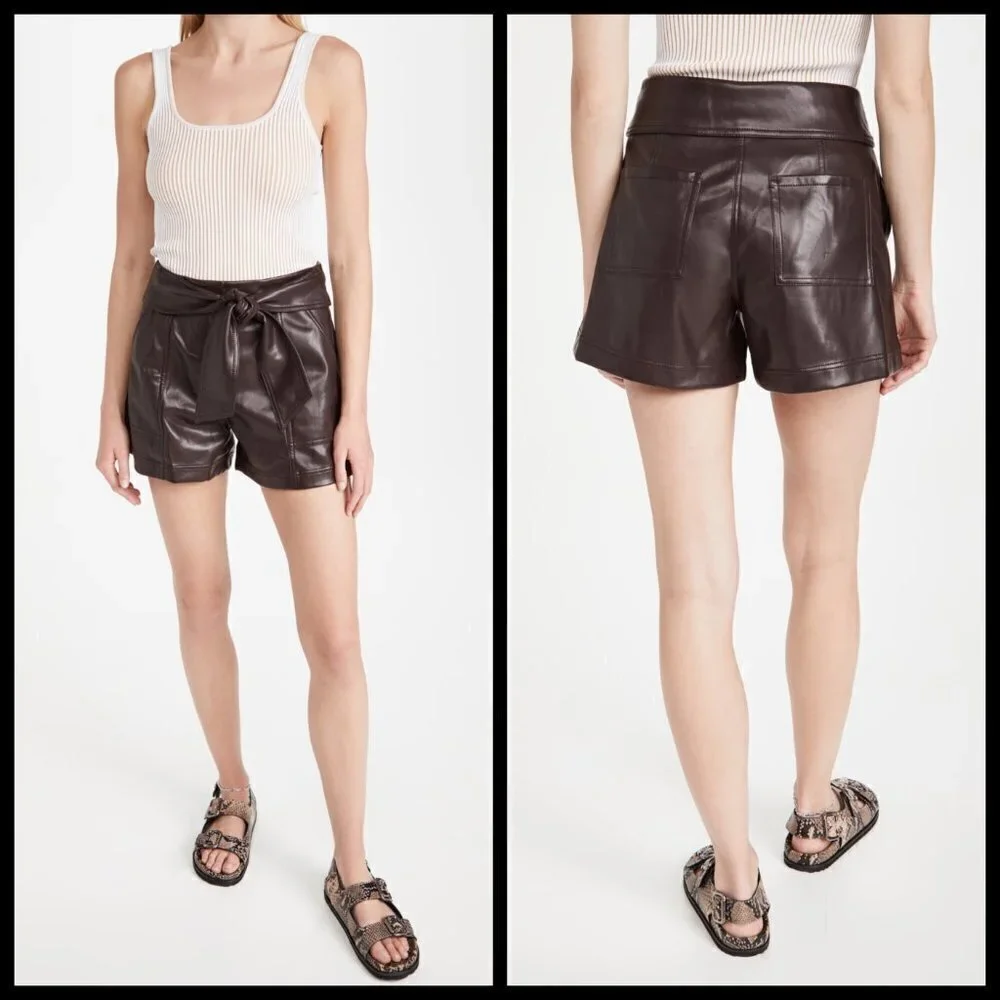 💕JONATHAN SIMKHAI💕 Mari Vegan Leather Tie Shorts Chocolate Dark Brown 10 NWT - Picture 3 of 12